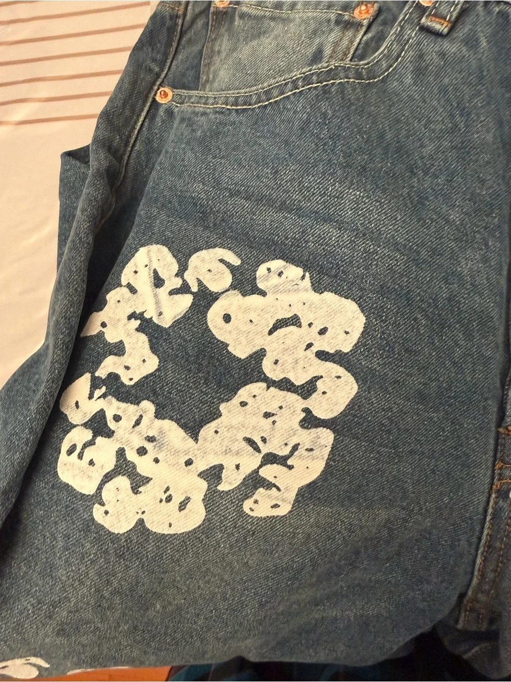 Women’s Blue Denim Jeans with White Floral Print